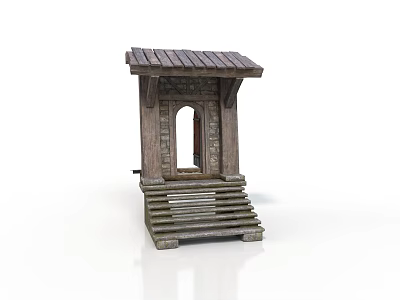 Ancient Wooden Architectural Structure With Steps Arched Door And Sloped Roof 3d model