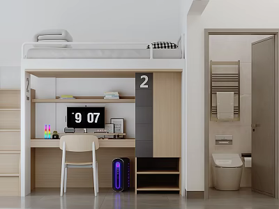 School Dormitory Room With Bunk Bed Desk Chair Clock Storage Cabinet And Adjacent Bathroom 3d model