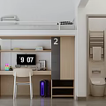 School Dormitory Room With Bunk Bed Desk Chair Clock Storage Cabinet And Adjacent Bathroom