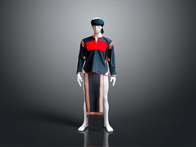 Traditional Ethnic Clothing Set With Red Black Top Striped Skirt And Hat 3d model