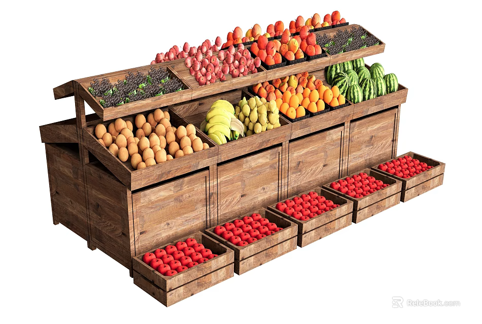 Wooden Produce Display Shelf with Fresh Apples Bananas Oranges and Vegetables 3d model 