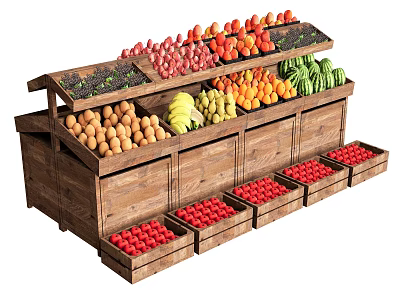 Wooden Produce Display Shelf with Fresh Apples Bananas Oranges and Vegetables 3d model