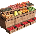 Wooden Produce Display Shelf with Fresh Apples Bananas Oranges and Vegetables