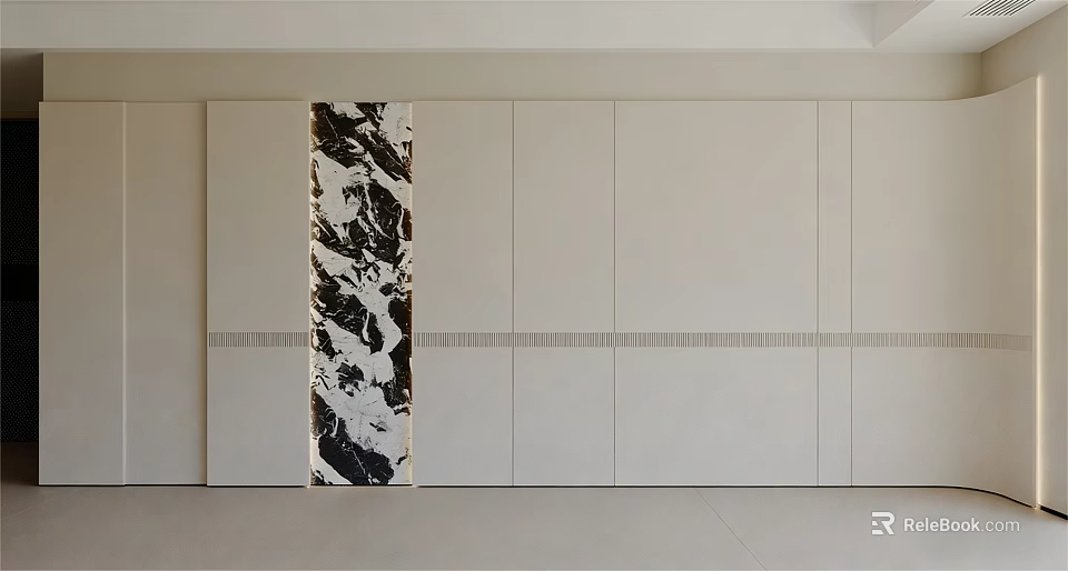Minimalist Sofa Background Wall With Black And White Marble Decor And White Panels 3d model 