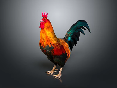 Colorful Rooster With Red Comb Orange Body And Vibrant Tail Feathers On Dark Background 3d model