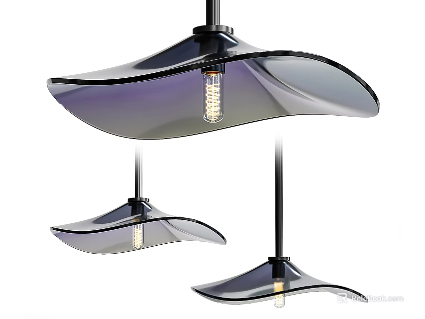 Three Modern Wave Shaped Glass Pendant Lights With Black Stem And Exposed Bulb 3d model 