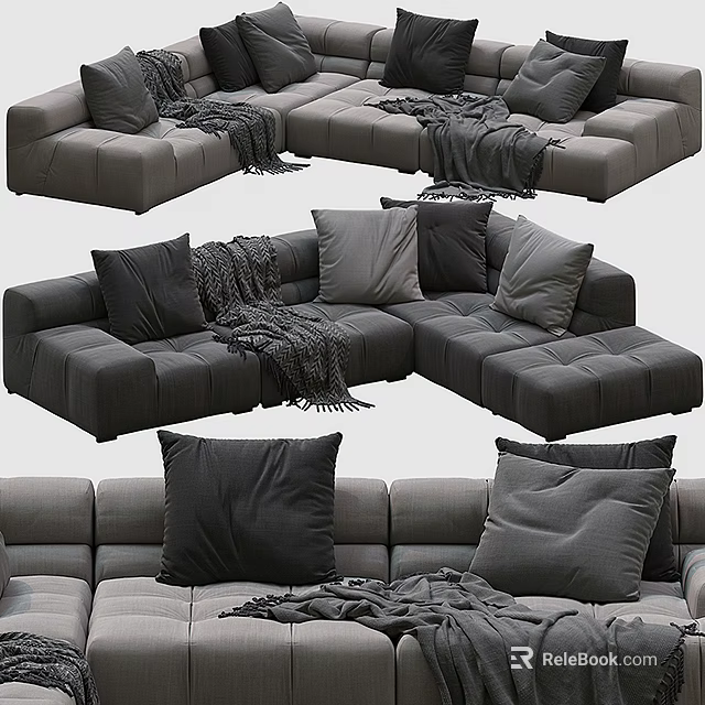 Gray Modern Sectional Sofa Cozy Seating Design With Plush Pillows And Soft Blanket 3d model 