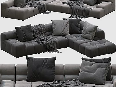 Gray Modern Sectional Sofa Cozy Seating Design With Plush Pillows And Soft Blanket 3d model