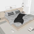 Modern Double Bed with Wooden Headboard White Bedding Black Pillows and Gray Throw Blanket