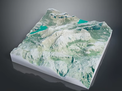 3D Terrain Model Showcasing Mountain Landscape With Green Valleys And Blue Lakes 3d model