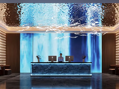 Luxury Club Elegant Reception Desk With Blue Waterfall Backdrop Wall And Shimmering Rippling Ceiling Design 3d model