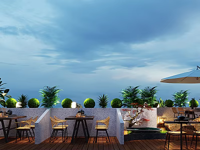 Outdoor Terrace Restaurant With Tables Chairs Green Plants Umbrella Water Feature And Night View 3d model
