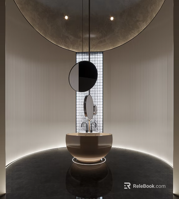 Modern Public Restroom Design With Circular Sink Mirrors And Lighting 3d model