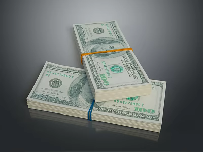 Stacks of 100 Dollar Bills Tied with Orange and Blue Rubber Bands 3d model