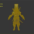 Man In Ancient Warrior Armor With Ornate Details Tall Headdress And Red Orange Pants