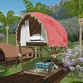 Rustic Lakeside Villa With Red Thatched Roof Overwater Deck Palm Trees And Mountain Backdrop