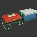 Red Portable Grill With Stand And Blue Cooler Box For Outdoor Activities