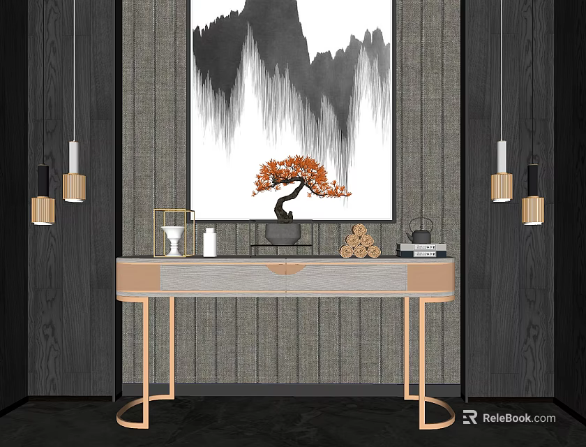 Stylish Console Table With Red Maple Bonsai Ink Painting And Pendant Lights 3d model