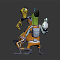 Green And Yellow Animated Characters In Orange Outfits Holding Weapons Standing Together
