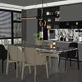 Modern Restaurant Dining Area With Glass Table Chairs Pendant Lights And Kitchen Cabinets
