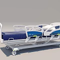 Medical Bed With Blue Mattress White Frame Control Panel Side Rails And Wheels 3d model