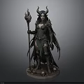 Horned Winged Woman With Long Black Hair Holding Flame Staff On Skull Base