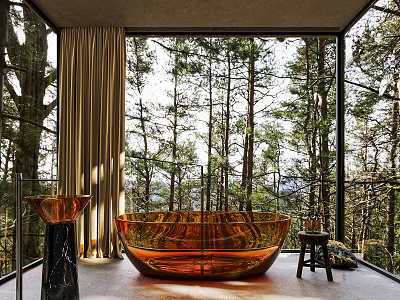 Modern Bathroom With Transparent Orange Bathtub And Forest View 3d model