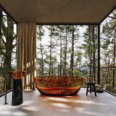 Modern Bathroom With Transparent Orange Bathtub And Forest View 3d model