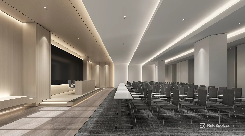 Modern Conference Room Interior With Long Table Rows Of Chairs And Large Screen 3d model 