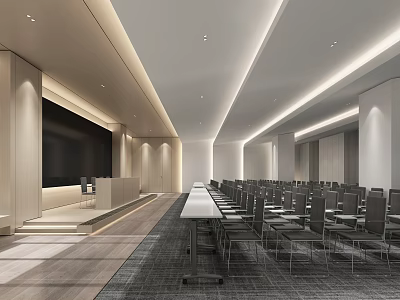 Modern Conference Room Interior With Long Table Rows Of Chairs And Large Screen 3d model