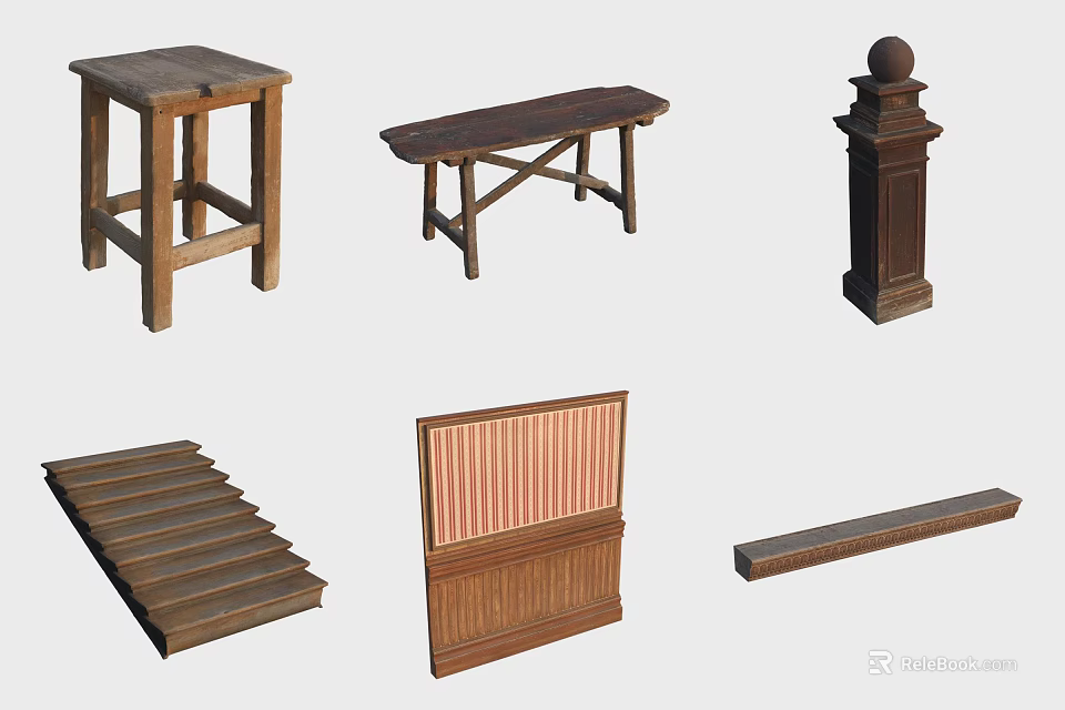 Wooden Stools Various Styles Including Pedestal Bench Slat And Panel Designs 3d model