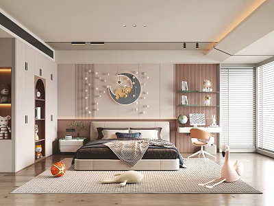 Cozy Modern Kids Room Interior Design With Moon Stars Decoration Bookshelves Toys And Bed 3d model