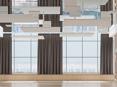 Bright Spacious Fitness Studio With Large Glass Windows White Hanging Lights And Dark Gray Curtains 3d model