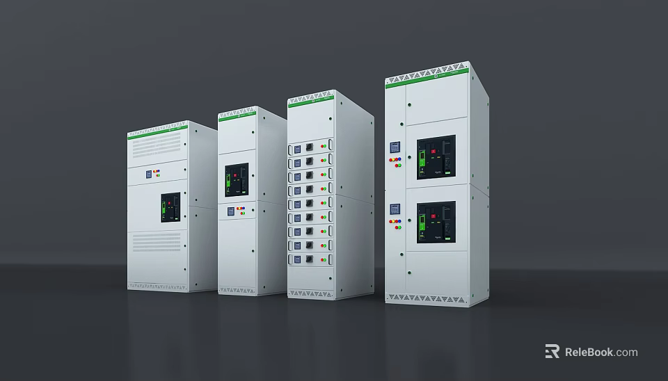 Multiple Industrial Control Cabinets With White Body Green Labels Display Screens And Control Panels 3d model 
