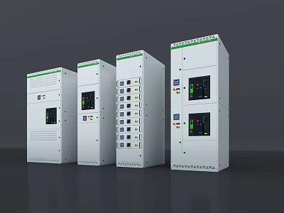 Multiple Industrial Control Cabinets With White Body Green Labels Display Screens And Control Panels 3d model