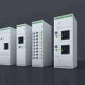 Multiple Industrial Control Cabinets With White Body Green Labels Display Screens And Control Panels