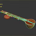 Traditional Red Wooden Sitar With Strings And Curved Body Design Details