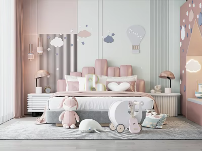 Pink Kids Room with Cloud Hot Air Balloon Decor Bed Dolls Table Lamp Small Tent 3d model