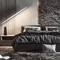 Modern Bedroom Interior With Comfortable Bed Wooden Wall Stone Texture Portrait Painting And Soft Carpet