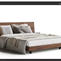 Modern Double Bed With Wooden Headboard Light Colored Sheets And Black Nightstand