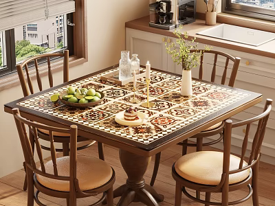 Dining Table Set With Mosaic Pattern Wooden Chairs Beige Cushions Fruits And Green Plants 3d model