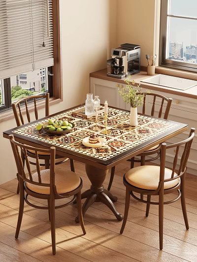 Dining Table Set With Mosaic Pattern Wooden Chairs Beige Cushions Fruits And Green Plants 3d model