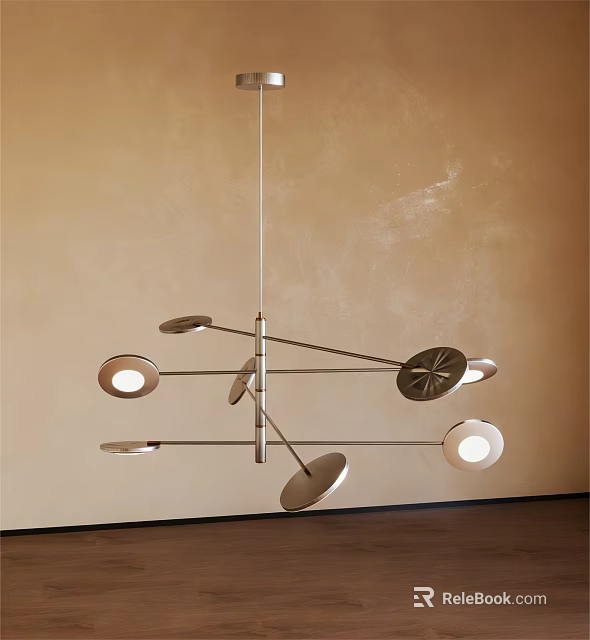 Modern Artistic Chandelier With Metallic Arms And Circular Light Shades In Contemporary Interior Space 3d model 