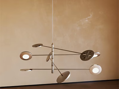 Modern Artistic Chandelier With Metallic Arms And Circular Light Shades In Contemporary Interior Space 3d model