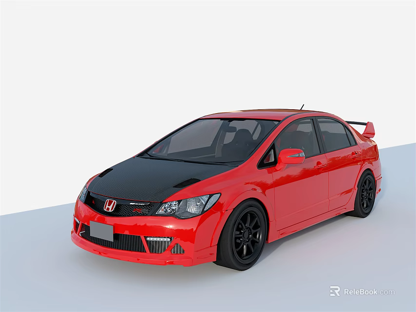 Red Sporty Honda Sedan With Black Hood Black Wheels And Rear Spoiler 3d model 