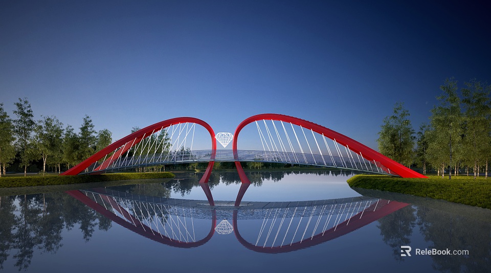 Red Arch Bridge With Modern Cable Structure And Water Reflection By Lake Trees 3d model 