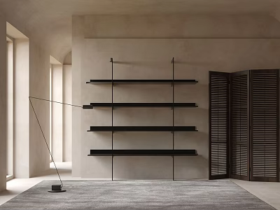 Modern Wall Mounted Black Shelving Unit In Minimalist Room With Area Rug And Louvered Doors 3d model