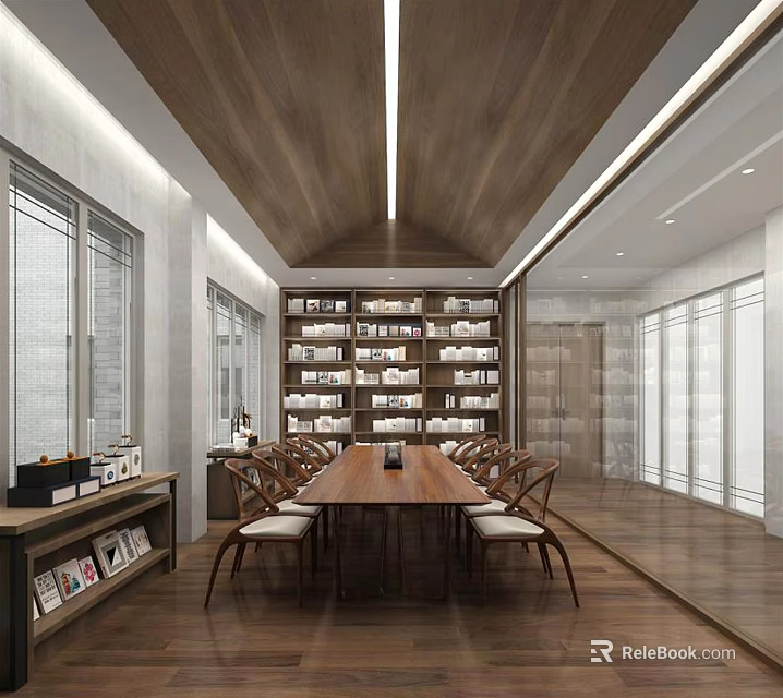 Book Art Inspired Library Interior With Wooden Ceiling Bookshelves Long Table And Chairs 3d model 