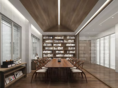 Book Art Inspired Library Interior With Wooden Ceiling Bookshelves Long Table And Chairs 3d model