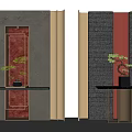 Modern Background Wall Design With Gray Dark Panels Red Inset Beige Strips And Green Plant